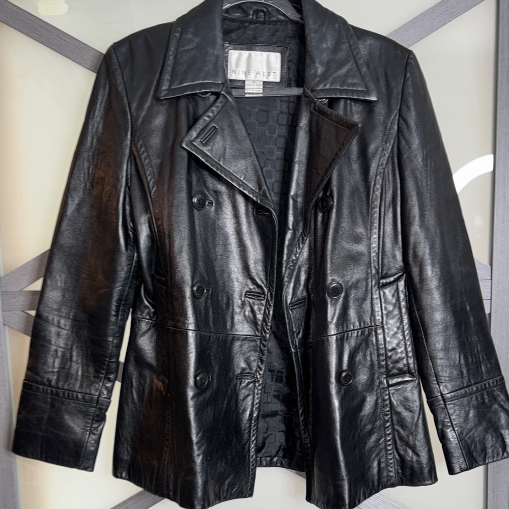 Genuine 100% LEATHER Nine West Women's Double-Breasted Black Leather Jacket